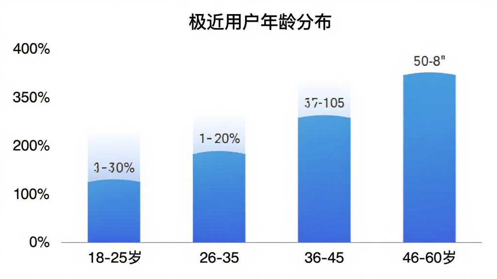极近用户年龄分布柱状图,横轴为年龄段18-25岁、26-35岁、36-45岁、46-60岁,纵轴为用户占比百分比,柱状颜色为渐变蓝色,图表标题为“极近用户年龄分布”,背景白色,数据标签清晰,风格简洁现代,画质干净无多余元素