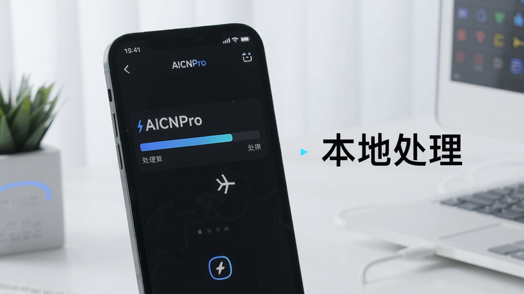 一张展示AICNPro离线使用的图片,画面中手机处于飞行模式,但AICNPro界面正常显示处理进度条,旁边有“本地处理”的文字标注,背景简洁,风格科技感但不冰冷,画质清晰