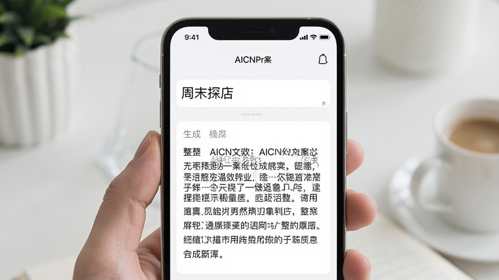 一张展示AICNPro文案生成功能的图片,画面中手机屏幕显示输入框和生成结果对比,输入框写着“周末探店”,下方生成了一段完整的文案,界面以浅色为主,布局清晰,风格简约现代,画质干净