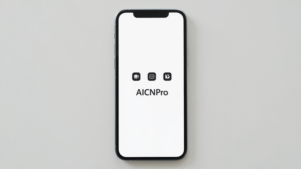 一张展示AICNPro极简界面的图片,手机屏幕显示干净的白色背景,中间只有几个功能图标和“AICNPro”字样,没有任何广告横幅或弹窗,风格极简,画质干净无多余元素