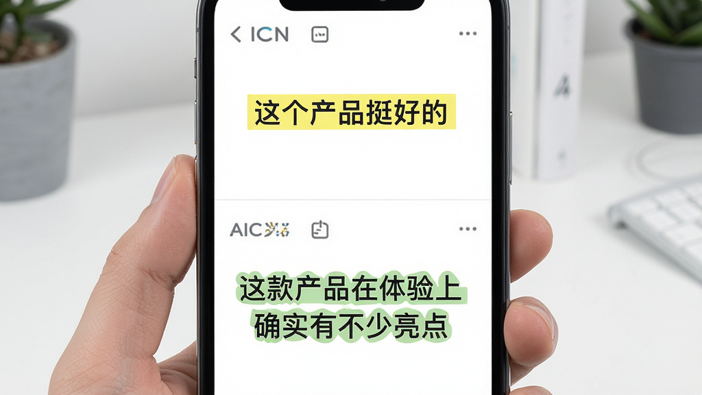 一张展示AICNPro润色功能的图片,画面中手机屏幕分为上下两栏,上栏是原文“这个产品挺好的”,下栏是润色后“这款产品在体验上确实有不少亮点”,界面有高亮标注,风格清爽,画质清晰