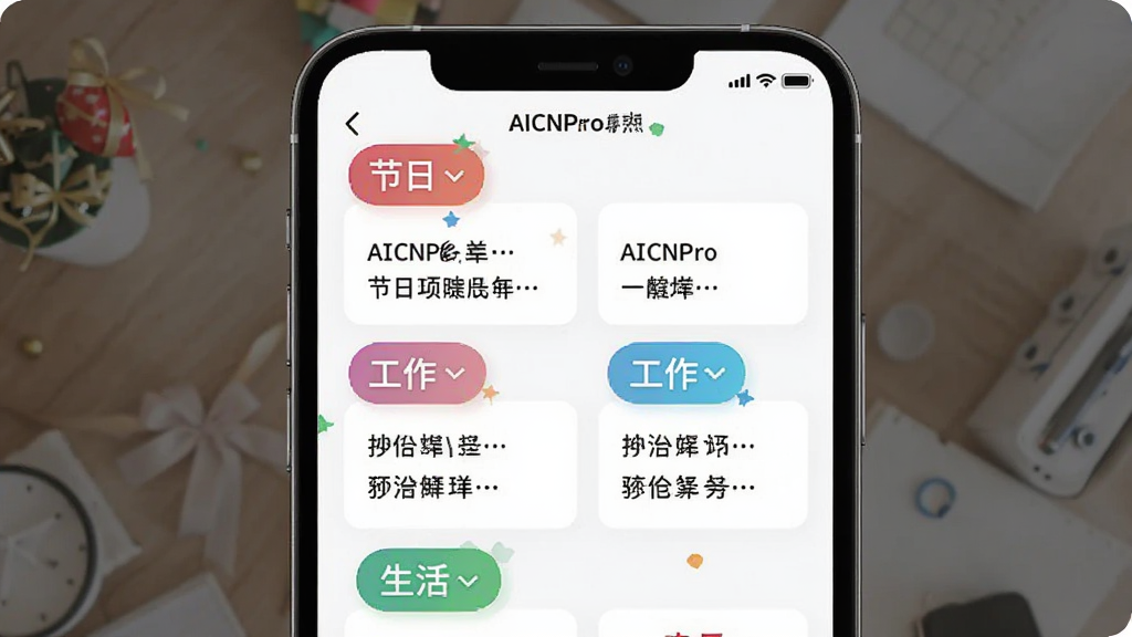 一张展示AICNPro灵感提示库的图片,手机屏幕显示多个彩色分类标签,如“节日”“工作”“生活”,每个标签下有几条文字提示,界面活泼但不过度花哨,风格统一,画质干净