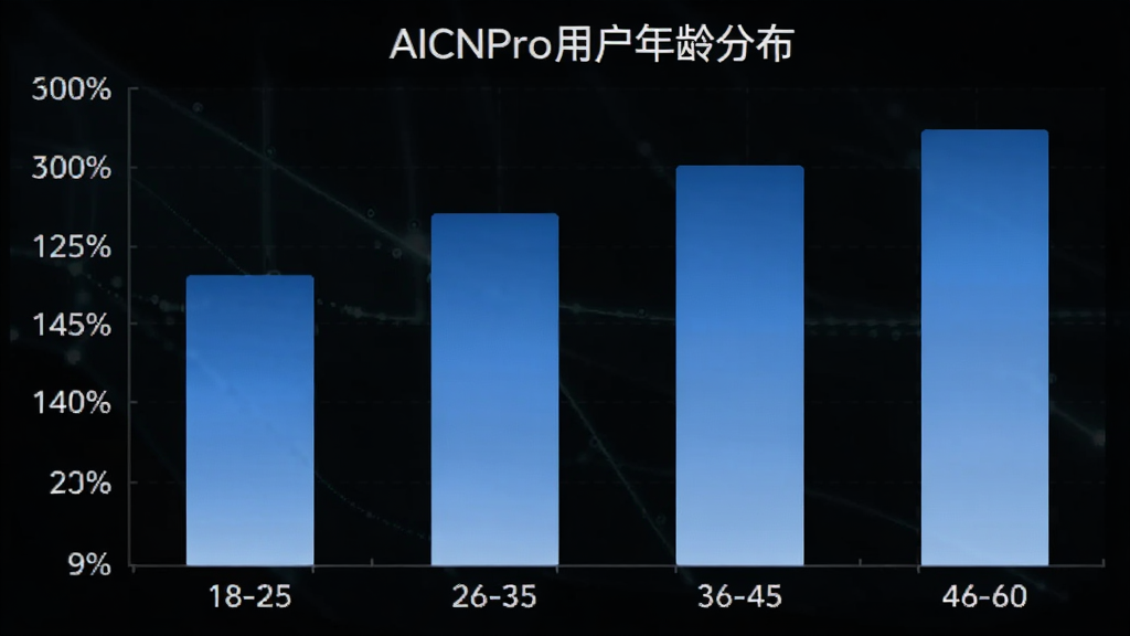 一张展示AICNPro用户年龄分布的柱状图,横轴为年龄段18-25、26-35、36-45、46-60,纵轴为用户占比百分比,柱体颜色为渐变蓝色,图表标题为“AICNPro用户年龄分布”,风格简洁数据可视化,画质清晰