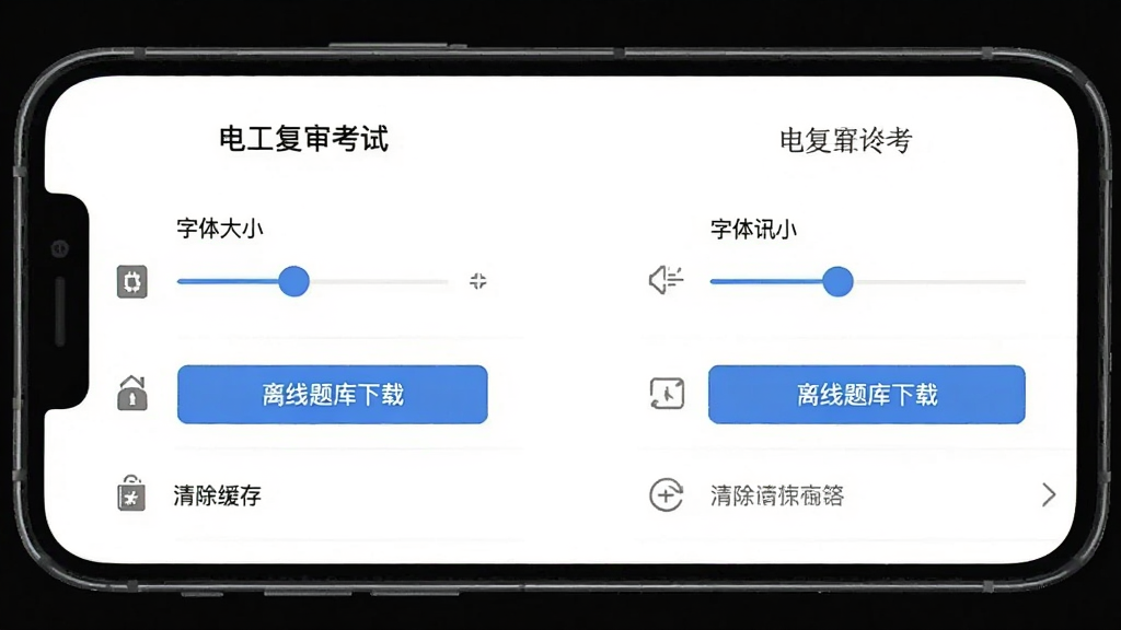 手机屏幕展示“电工复审考试”的设置页面,包含字体大小调节滑块、离线题库下载按钮、清除缓存选项,界面为列表式布局,图标简洁,背景纯白,风格清爽,画质干净无多余元素