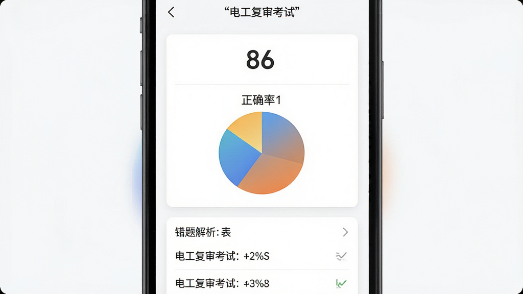 手机界面显示“电工复审考试”的模拟考试结果页面,顶部是分数86分,中间是正确率饼图,下方列出错题解析列表,背景白色卡片式布局,风格简洁现代,画质干净无杂乱