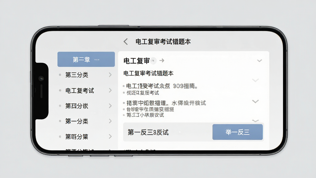 手机屏幕展示“电工复审考试”的错题本页面,左侧是章节分类列表,右侧是错题详情和举一反三按钮,背景为浅灰色,文字清晰,布局规整,风格实用简洁,画质干净无多余元素