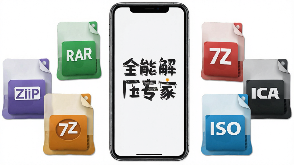 一张展示全能解压专家全格式覆盖能力的示意图,画面中多个不同颜色的压缩包图标(ZIP、RAR、7Z、TAR、ISO)围绕手机排列,手机屏幕显示“全能解压专家”字样,背景是干净的白色,风格简洁科技感,细节清晰,画质干净无多余元素