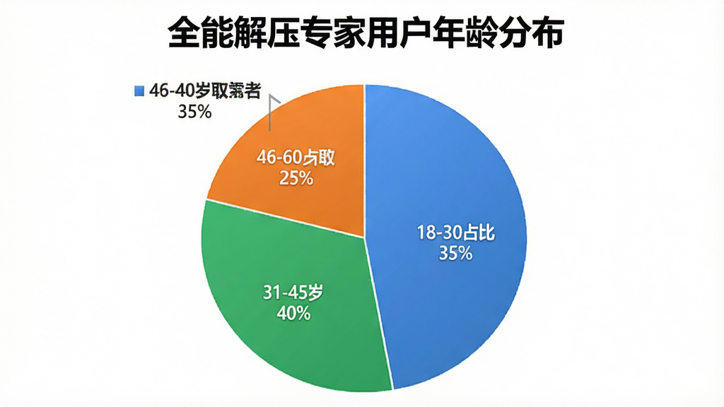 一张饼状图,标题为“全能解压专家用户年龄分布”,图表显示18-30岁占比35%,31-45岁占比40%,46-60岁占比25%,饼图颜色分别为蓝色、绿色、橙色,背景白色,风格简洁商务,细节清晰,画质干净无多余元素