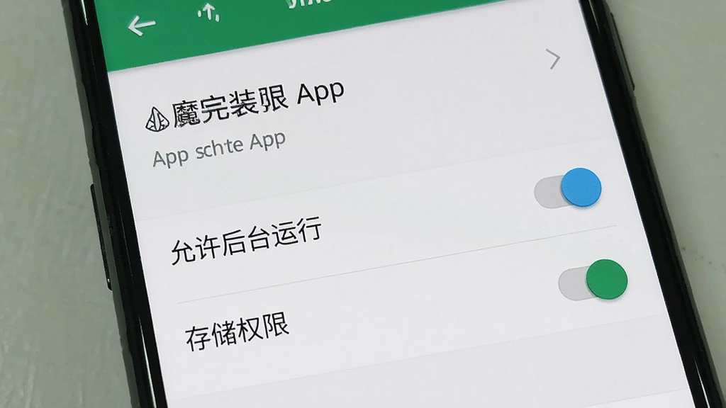 一张手机屏幕显示魔晶App安装完成后的权限设置界面,画面中有“允许后台运行”和“存储权限”的选项开关,界面风格为安卓原生设置,清晰易懂,画质干净