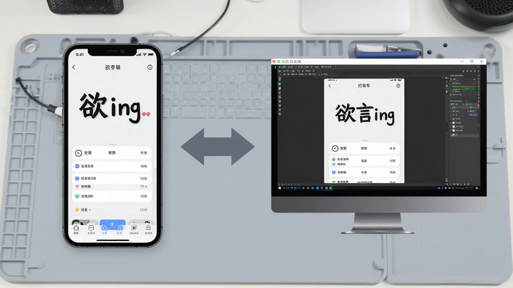 一张展示“欲言ing”在手机和模拟器上同时运行的对比示意图,左侧是手机样机显示应用主界面,右侧是电脑屏幕显示模拟器窗口中的同款界面,画面中间有一个双向箭头表示数据互通,背景为浅灰色工作台,风格科技简约,细节上手机和电脑屏幕内容一致,画质清晰,无多余元素