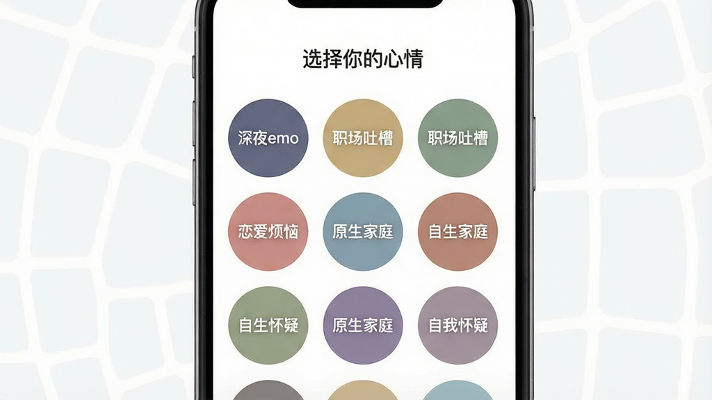 一张“欲言ing”情绪标签选择界面的手机样机图,手机屏幕显示多个彩色圆形标签排列成网格状,标签上分别写着“深夜emo”“职场吐槽”“恋爱烦恼”“原生家庭”“自我怀疑”等文字,每个标签颜色不同但饱和度偏低,背景为白色,顶部有“选择你的心情”字样,风格柔和扁平,排版整齐,画质干净,无多余元素