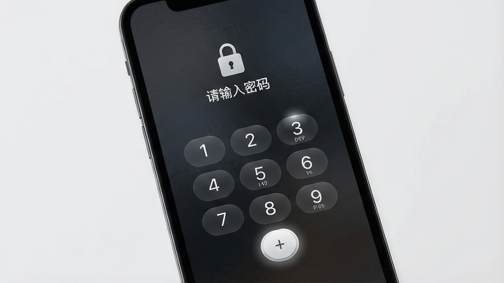 一张“欲言ing”应用锁设置界面的手机样机图,手机屏幕显示一个四位数字密码输入界面,上方有锁形图标和“请输入密码”文字,背景为深色磨砂质感,数字键盘居中排列,整体风格安全沉稳,细节上按钮有轻微按压反馈效果,画质清晰,无多余元素