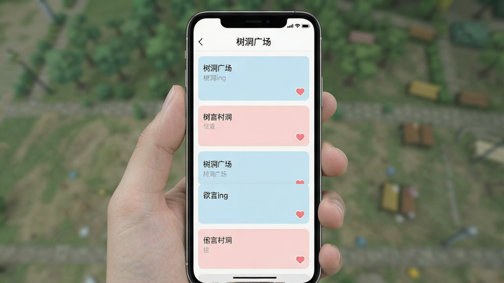 一张“欲言ing”匿名树洞广场界面的手机截图样机,画面中手机屏幕显示一条条匿名文字卡片,每张卡片右下角有一个小爱心图标,卡片背景是柔和的浅蓝色和浅粉色交替,顶部有“树洞广场”字样,整体排版为单列信息流,风格清新简约,细节上文字清晰无乱码,画质干净,无多余元素