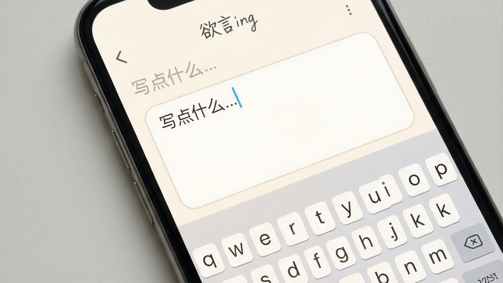 一张“欲言ing”书写界面的手机样机图,手机屏幕显示一个全屏文字输入框,光标在闪烁,上方有“写点什么...”的灰色提示文字,背景为暖白色,键盘为浅灰色极简风格,整体排版留白极大,风格安静专注,细节上输入框边缘有微弱的圆角,画质干净,无多余元素