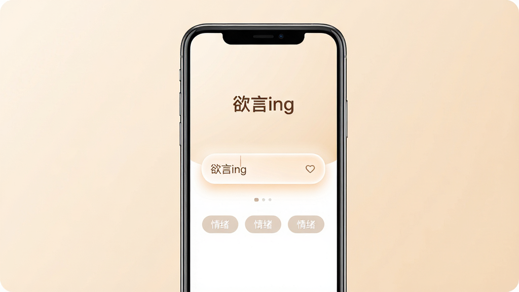 一张展示“欲言ing”App核心界面的手机样机图,主体是一部竖屏手机,屏幕内显示“欲言ing”的启动页和主界面,主界面中央是一个柔和的输入框,上方有“欲言ing”文字Logo,下方有情绪标签按钮,布局简洁居中,排版留白充足,风格温暖治愈系,细节上输入框有轻微发光效果,背景是浅米色渐变,画质清晰干净,无多余元素