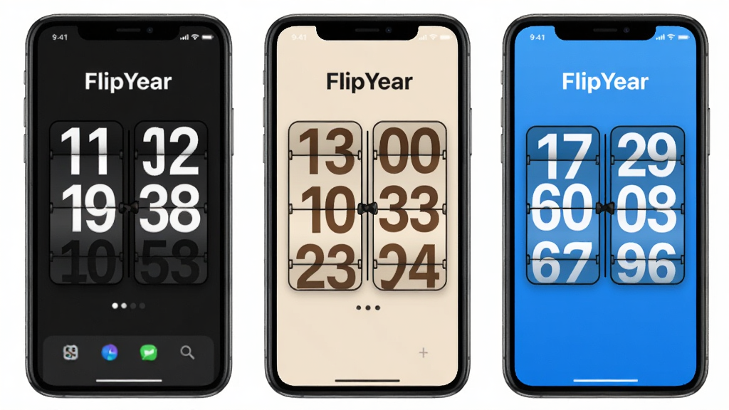 һ�� FlipYear Ӧ��չʾ�Զ������⹦�ܵ�ͼƬ�������в���չʾ��̨�ֻ���Ļ��ÿ̨�ֻ��ϵ� FlipYear ��ҳʱ�ӳ��ֲ�ͬ����ɫ������һ̨����ɫ�������ɫ���֣�һ̨����ɫ��������ɫ���֣�һ̨����ɫ�������ɫ���֣��������룬����ִ���Լ��ϸ�����������ʸɾ��޶���Ԫ��
