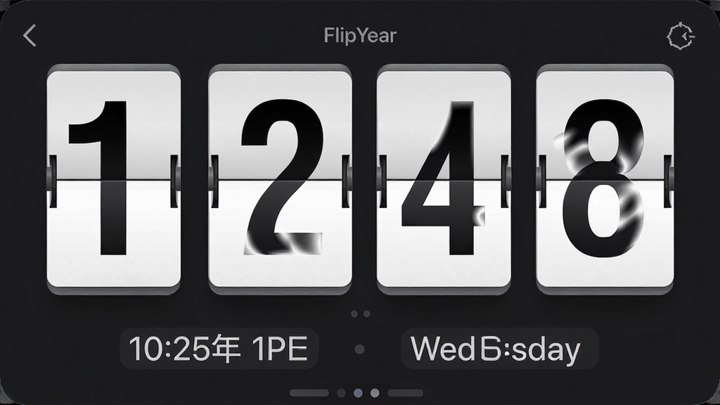 һ��չʾ FlipYear ��ҳʱ��Ӧ���������ͼƬ�����������Ǿ޴�ķ�ҳ����ʱ����ʾ��ǰʱ�䣬��������ɫ������ʱ���·������ں�������ʾ�����岼�ּ�������������ִ���ƽ����ƣ�ϸ�ھ��£����ʸɾ��޶���Ԫ�أ���������