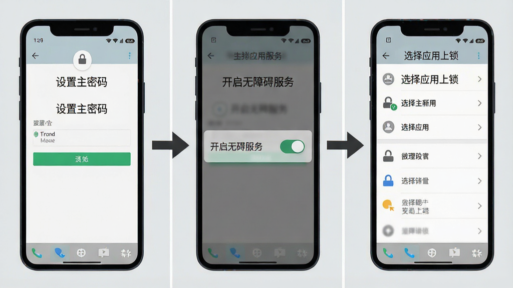 一张手机操作步骤示意图,画面分三个区域,左侧显示