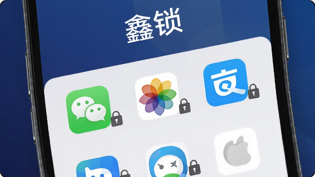 一张手机屏幕展示图,画面中央是应用锁界面,顶部有