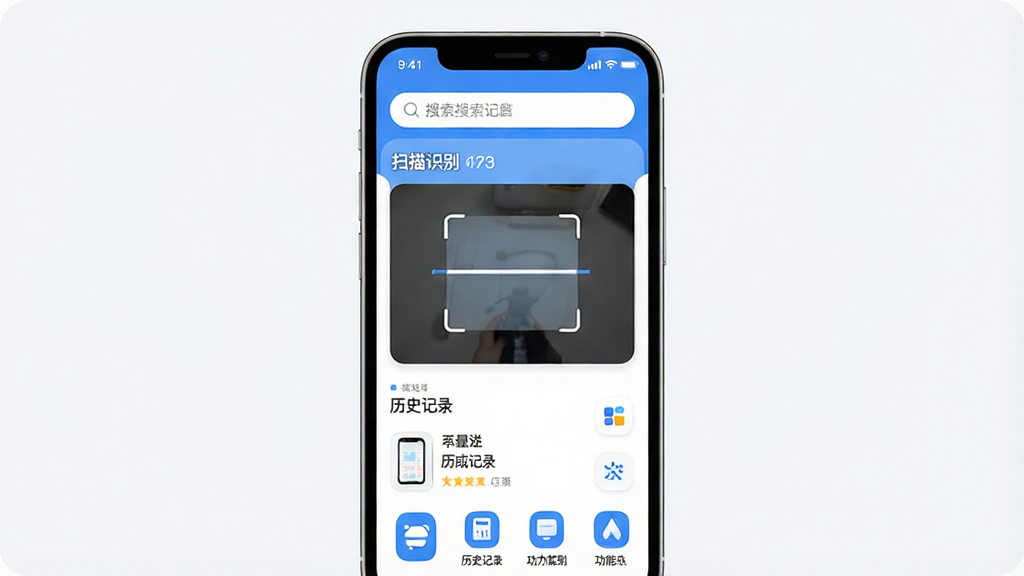 一张手机屏幕展示界面,画面主体是“一眼找到底”应用的主界面,布局为顶部搜索框,中间是扫描识别区域,下方排列着历史记录和功能入口,排版简洁清晰,风格为现代扁平化设计,细节上采用蓝白配色,圆角图标,画质干净明亮,无多余元素