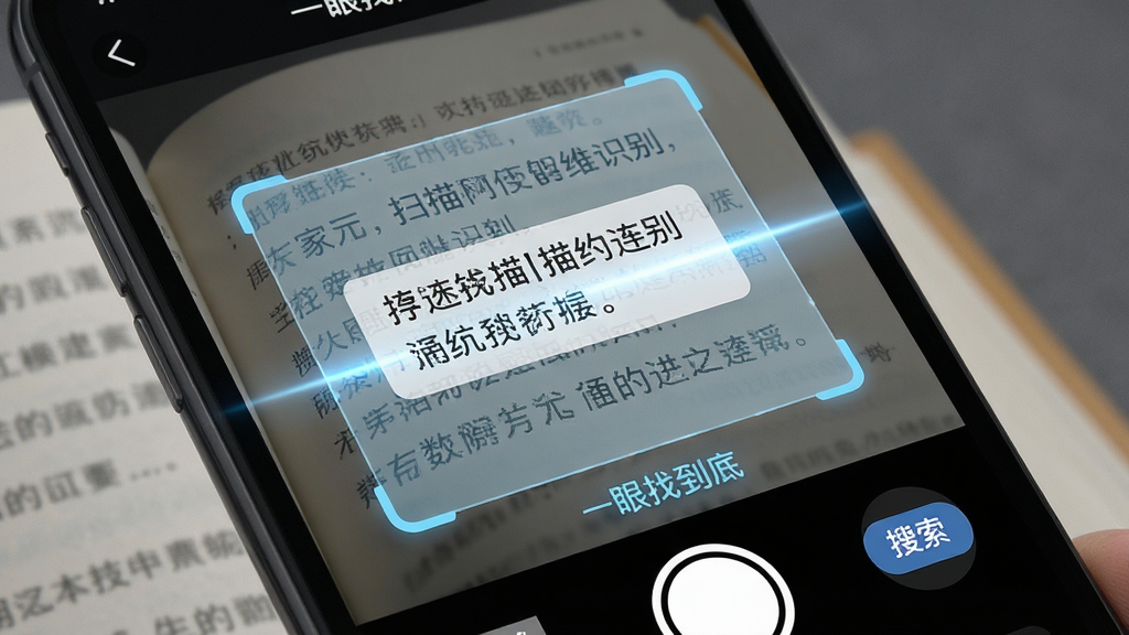 一张手机界面局部特写,画面展示“一眼找到底”的扫描识别功能正在运行,主体是手机摄像头对准一本书上的文字,屏幕上浮现出识别后的文字框和搜索按钮,布局为上下结构,排版突出扫描区域,风格为科技感写实风,细节上带有扫描光线特效,画质高清,无杂乱元素