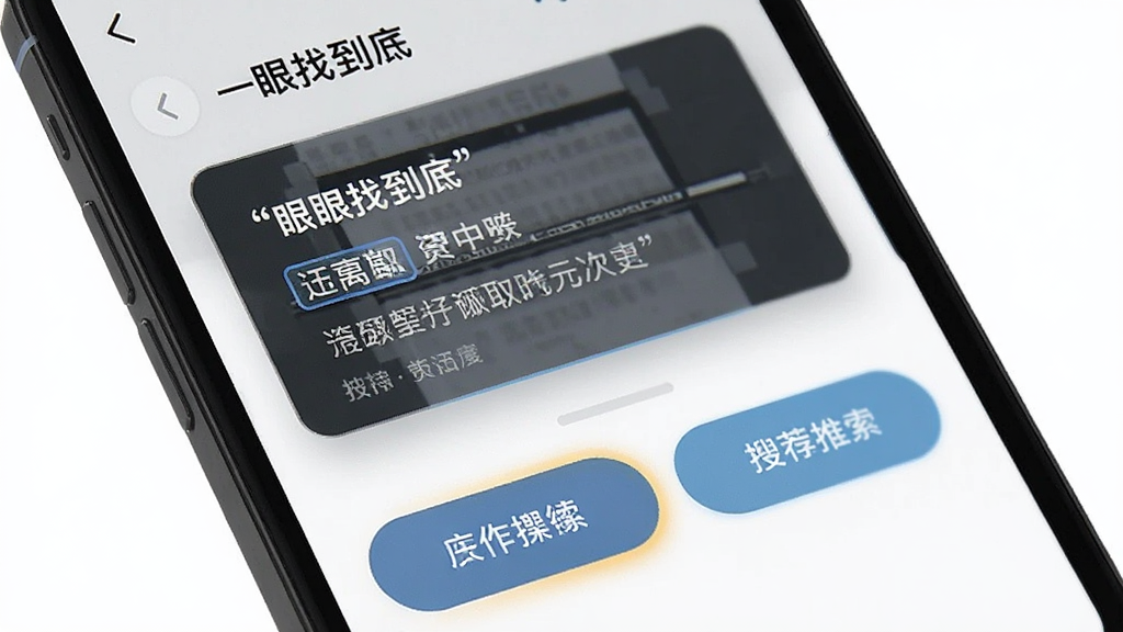 一张手机屏幕展示“一眼找到底”的识别结果页面,画面主体是手机界面中显示着扫描后提取的文字内容和相关搜索推荐,布局为上方是识别结果卡片下方是操作按钮,排版清晰,风格为现代移动端UI风格,细节上带有高亮选中效果,画质干净,无多余元素