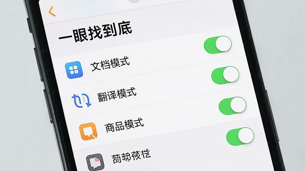 一张手机应用界面的截图风格图片,画面主体是“一眼找到底”的设置页面,布局为列表式排列,展示着文档模式、翻译模式、商品模式等选项开关,排版整齐,风格为简约清爽风,细节上采用浅色背景和彩色图标点缀,画质干净,无多余装饰