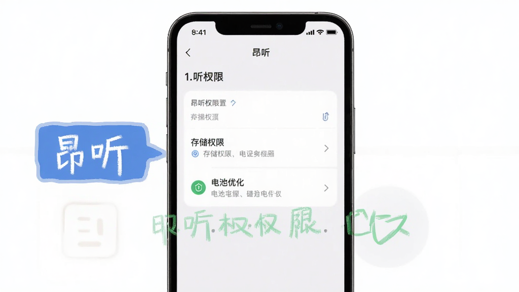 昂听权限设置操作界面展示,画面中有手机设置页面,标注