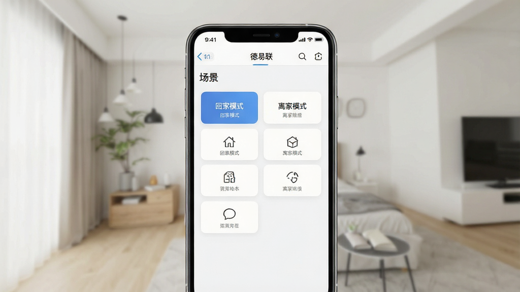 一张展示“德易联”App场景设置界面的图片,画面中手机屏幕显示“场景”选项卡,界面内有“回家模式”“离家模式”等快捷按钮,布局清爽,风格现代,画质干净,无多余元素