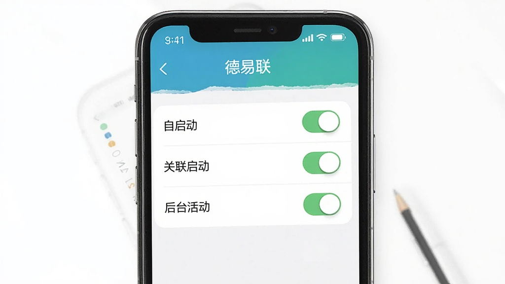 一张展示在手机上为“德易联”App设置后台白名单和权限的示意图,画面中手机屏幕显示权限管理界面,有“自启动”“关联启动”“后台活动”等开关选项,风格简洁明了,画质干净,无多余元素