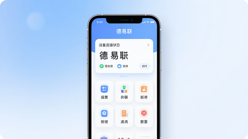 一张展示“德易联”App核心界面的产品主图,画面中央是手机屏幕,屏幕内显示“德易联”App的首页,布局包含设备连接状态卡片和简洁的功能图标,背景是柔和的蓝白渐变色调,风格现代扁平,细节圆润,画质干净清晰,无多余元素