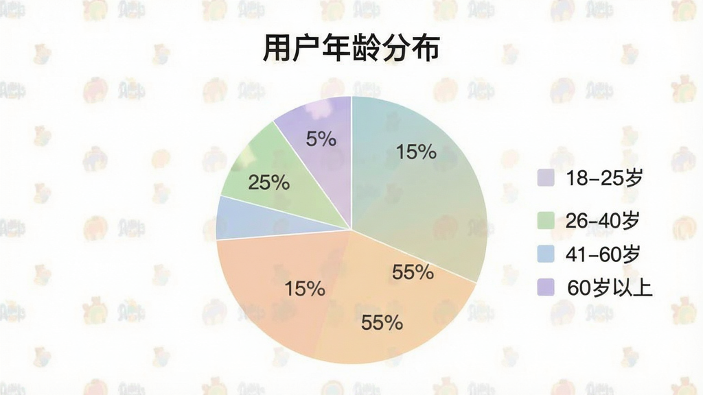一张展示“德易联”App用户年龄分布情况的饼状图,图表标题为“用户年龄分布”,图例包含“18-25岁”“26-40岁”“41-60岁”“60岁以上”,数据分别为15%、55%、25%、5%,配色柔和,风格简洁,画质干净,无多余元素