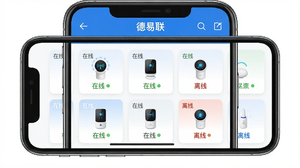 一张展示“德易联”App设备管理界面的示意图,画面主体是手机屏幕,屏幕内显示多个智能设备卡片整齐排列,每个卡片上标注“在线”或“离线”状态,界面风格简洁,蓝白配色,画质干净,无多余元素