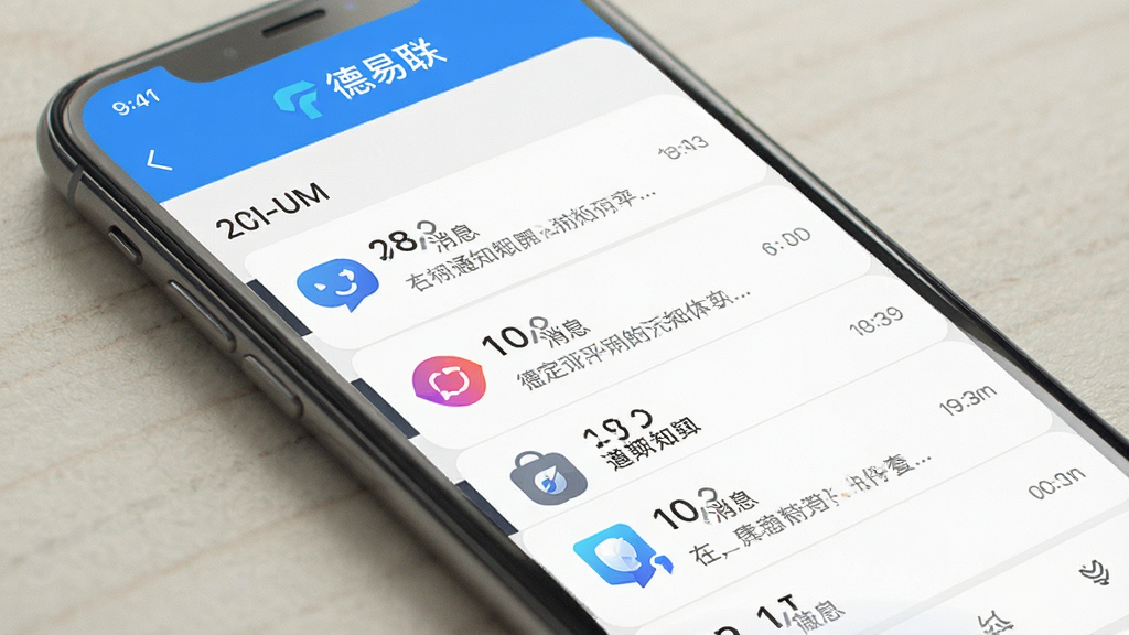 一张展示“德易联”App消息通知中心界面的图片,画面中手机屏幕显示按时间排列的消息列表,每条消息前有对应图标,界面风格简洁,蓝白配色,画质干净,无多余元素