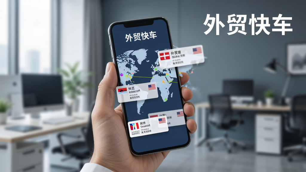 一张展示外贸快车全球客户搜索功能的图片,画面中一只手拿着手机,手机屏幕上显示着世界地图和多个客户信息卡片,卡片上有公司名称和国旗图标,背景是模糊的办公室场景,风格商务简洁,画质干净,图片中文字为“外贸快车”