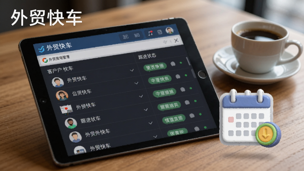 一张展示外贸快车客户关系管理功能的图片,画面中是一个平板电脑屏幕,屏幕上显示着客户列表和跟进状态标签,旁边有日历提醒图标,背景是木质桌面和一杯咖啡,风格温馨商务,画质清晰,图片中文字为“外贸快车”
