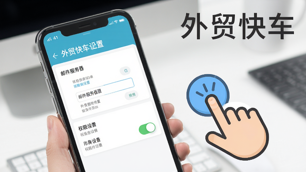 一张展示外贸快车新手设置界面的图片,画面中手机屏幕上显示着邮件服务器配置页面和权限设置开关,旁边有手指点击的图标,背景是简洁的桌面,风格清晰直观,画质干净,图片中文字为“外贸快车”