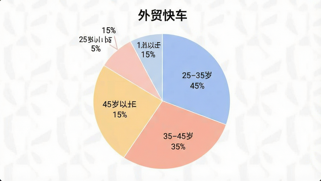 一张展示外贸快车用户年龄分布饼状图的图片,画面中央是一个圆形饼图,分为四个扇形区域,分别标注“25-35岁 45%”“35-45岁 35%”“45岁以上 15%”“25岁以下 5%”,配色柔和,背景干净,风格简洁数据可视化,画质清晰,图片中文字为“外贸快车”