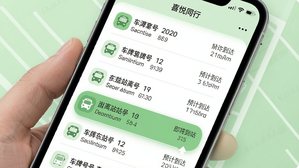 一张展示喜悦同行实时公交功能的手机截图样机,画面中手机屏幕显示公交线路列表,每条线路标注了车牌号、距离站数和预计到达时间,其中一条线路被高亮标记为即将到站,界面以白色和浅绿色为主,图标圆润,数据清晰,整体风格简洁明快,画质干净,无多余元素