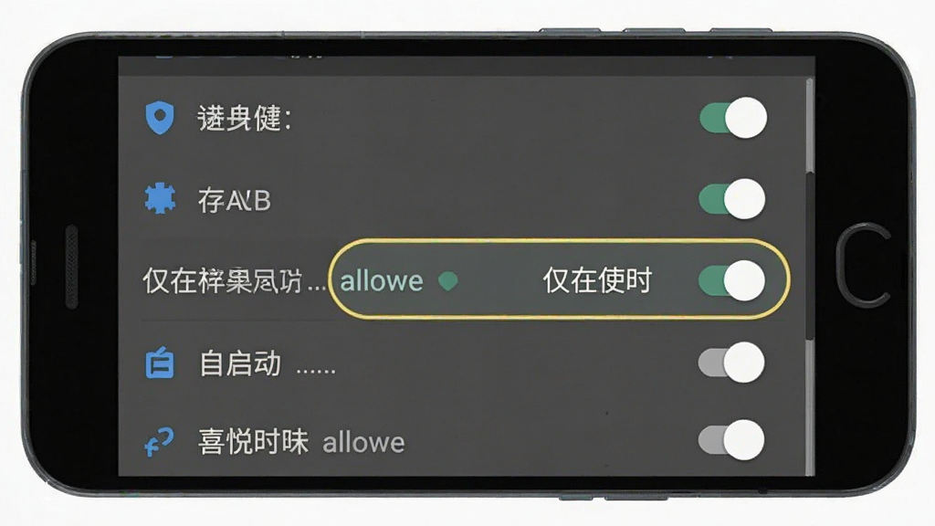 一张展示喜悦同行安装权限设置界面的手机截图样机,画面中手机屏幕显示应用权限管理页面,定位、存储、自启动等权限开关清晰可见,其中定位权限被高亮标注为仅在使用时允许,界面为安卓原生风格,文字清晰,布局规整,画质干净,无多余元素