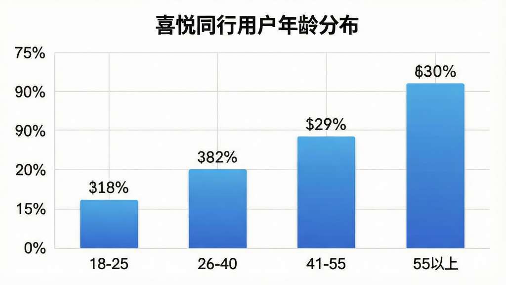 一张展示喜悦同行用户年龄分布柱状图的图片,画面中央是柱状图,横轴为年龄段18-25、26-40、41-55、55以上,纵轴为百分比,柱子颜色为蓝色渐变,图表标题为喜悦同行用户年龄分布,背景白色,网格线浅灰,数据标签清晰,风格简洁专业,画质干净,无多余元素