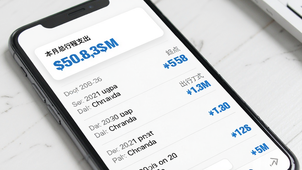 一张展示喜悦同行行程记录页面的手机样机,画面中手机屏幕显示一个列表,每条记录包含日期、起点终点、出行方式和花费金额,顶部有本月总支出统计卡片,界面以白色为底,搭配浅灰色分割线,数字用蓝色加粗显示,风格极简,布局整齐,画质干净,无多余元素