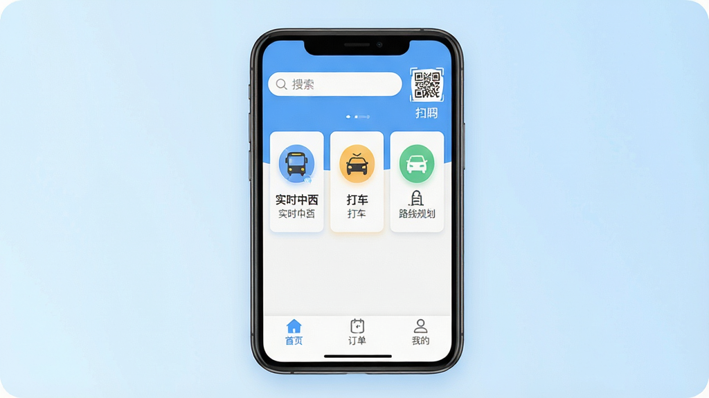 一张展示喜悦同行App核心界面的手机样机图,画面中央是一部智能手机,屏幕显示喜悦同行主界面,顶部有搜索框和扫码入口,中间是实时公交、打车、路线规划三个大图标卡片,底部导航栏为首页、订单、我的。背景为浅蓝色渐变,风格现代扁平,布局清晰,文字标签明确,画质干净,无多余元素