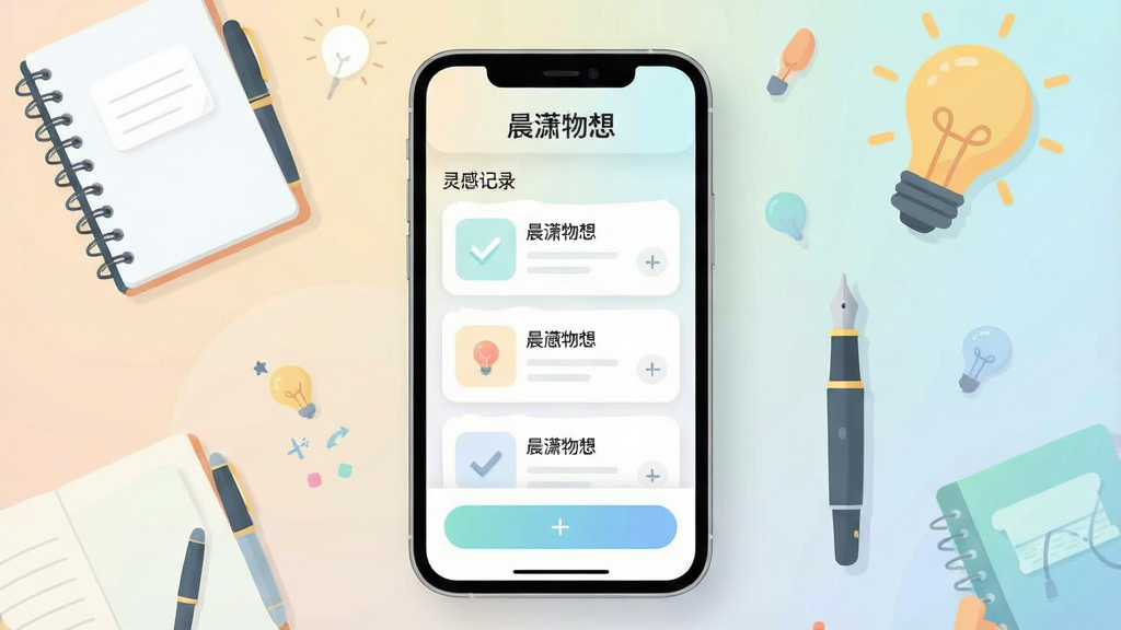 一张展示晨潇物想软件核心全貌的宣传图,画面中央是手机屏幕,屏幕内显示晨潇物想的应用主界面,界面设计简洁清新,以浅色系为主,顶部有“晨潇物想”的文字标识,中间是卡片式的灵感记录列表,底部有添加按钮,背景是柔和的渐变色,周围点缀着笔记本、钢笔、灯泡等创意元素,风格现代扁平,细节圆润,画质干净,无多余元素