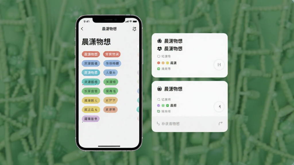 一张展示晨潇物想智能分类功能的界面截图,画面中手机屏幕显示晨潇物想的标签管理页面,不同颜色的标签整齐排列,旁边有对应的记录卡片,界面清爽,文字清晰,以“晨潇物想”作为顶部标题,风格简约现代,画质干净,无多余元素
