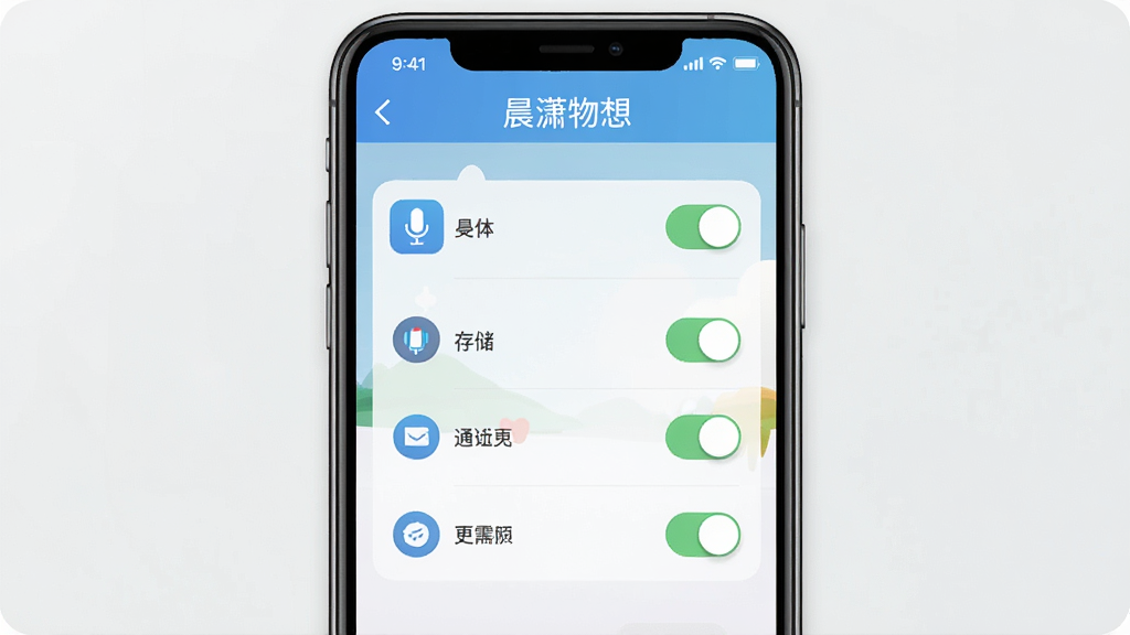 一张展示晨潇物想新手设置引导的界面图,手机屏幕中显示晨潇物想的权限设置页面,有麦克风、存储、通知等权限开关,界面顶部有“晨潇物想”文字,背景简洁,图标清晰,风格扁平化,画质干净,无多余元素