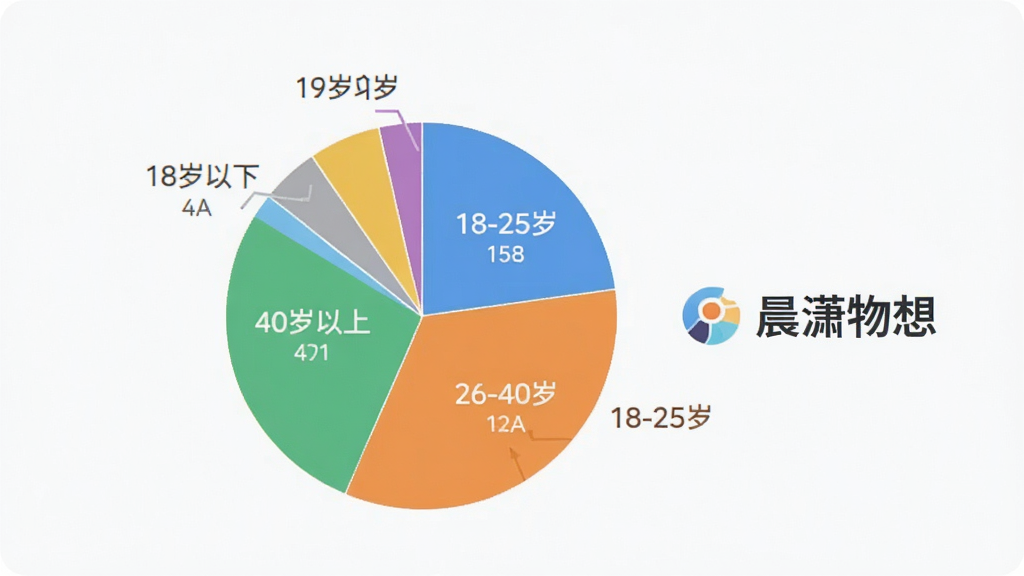 一张展示晨潇物想用户年龄分布的数据图表,画面中央是一个饼状图,不同颜色的扇形区域分别标注“18-25岁”“26-40岁”“40岁以上”“18岁以下”等文字,图表旁边有“晨潇物想”的标识,背景干净整洁,风格商务简约,画质清晰,无多余元素