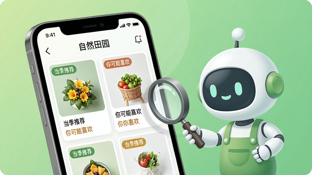 一张展示“自然田园”APP智能推荐功能的生图,画面中手机屏幕显示个性化推荐流,每张商品卡片上有“当季推荐”“你可能喜欢”等标签,屏幕旁边有一个卡通形象的小机器人拿着放大镜在筛选商品,背景是柔和的绿色渐变,风格活泼现代,画质干净,文字清晰,无多余元素