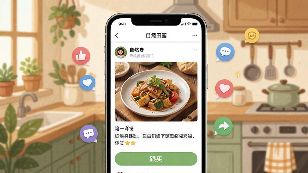 一张展示“自然田园”APP社区分享功能的生图,画面中手机屏幕显示用户发布的图文动态,有美食照片和文字评价,下方有“跟买”按钮,屏幕周围漂浮着点赞、评论的图标,背景是温馨的厨房场景插画,风格亲切生活化,画质干净,文字清晰,无多余元素