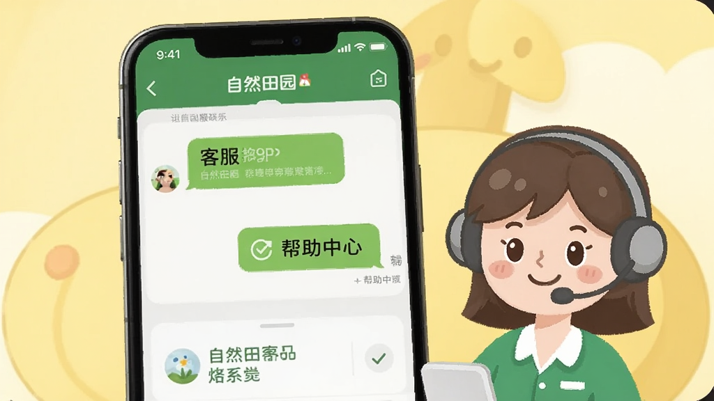 一张展示“自然田园”APP客服联系页面的生图,画面中手机屏幕显示客服对话框和帮助中心选项,屏幕旁边有一个戴着耳机的卡通客服形象,背景是柔和的黄色调,风格亲切友好,画质干净,文字清晰,无多余元素